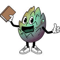 Buddy, the course guide: a cannabis bud wearing a headset, holding a book and giving a thumbs up